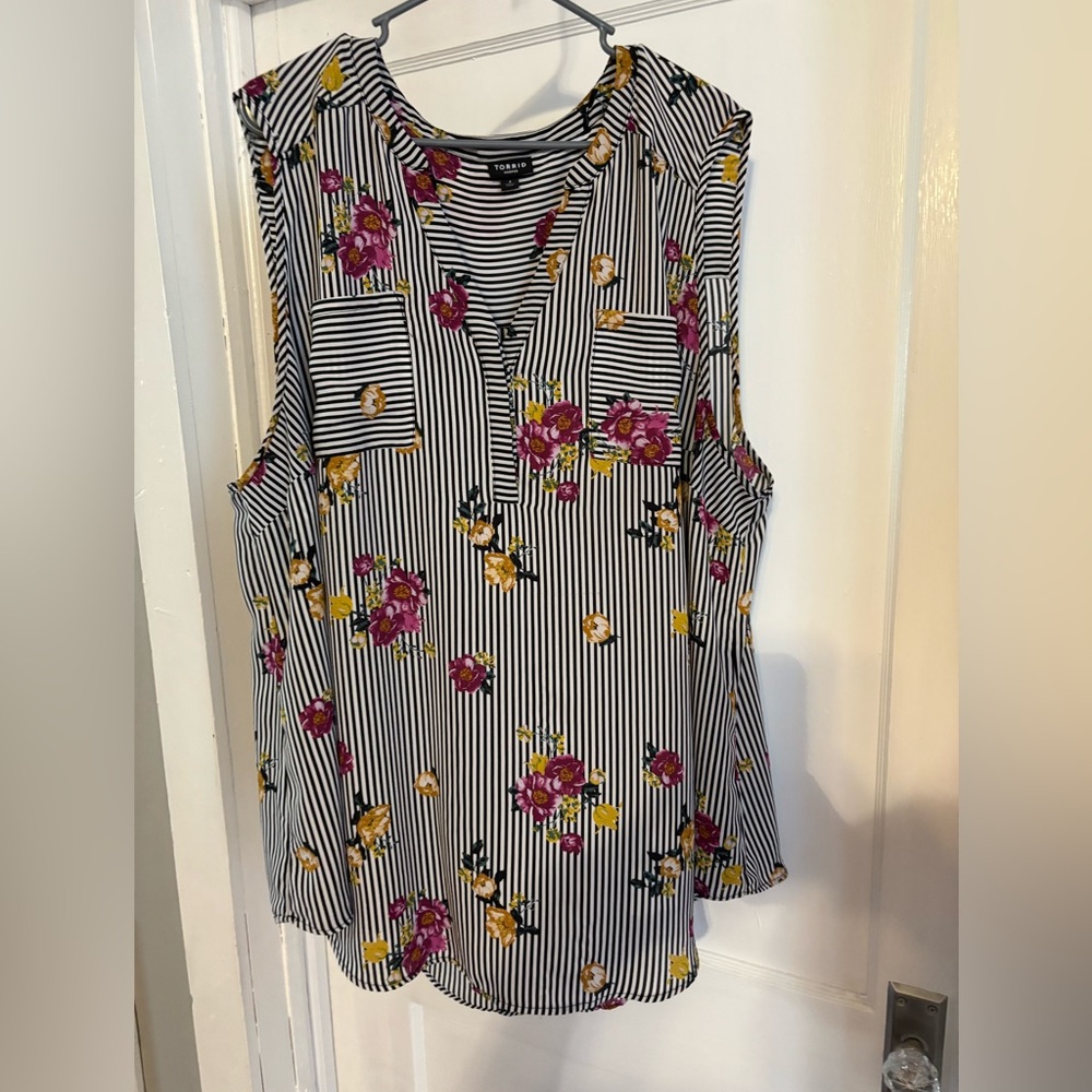 Torrid Black and White Striped Floral Blouse